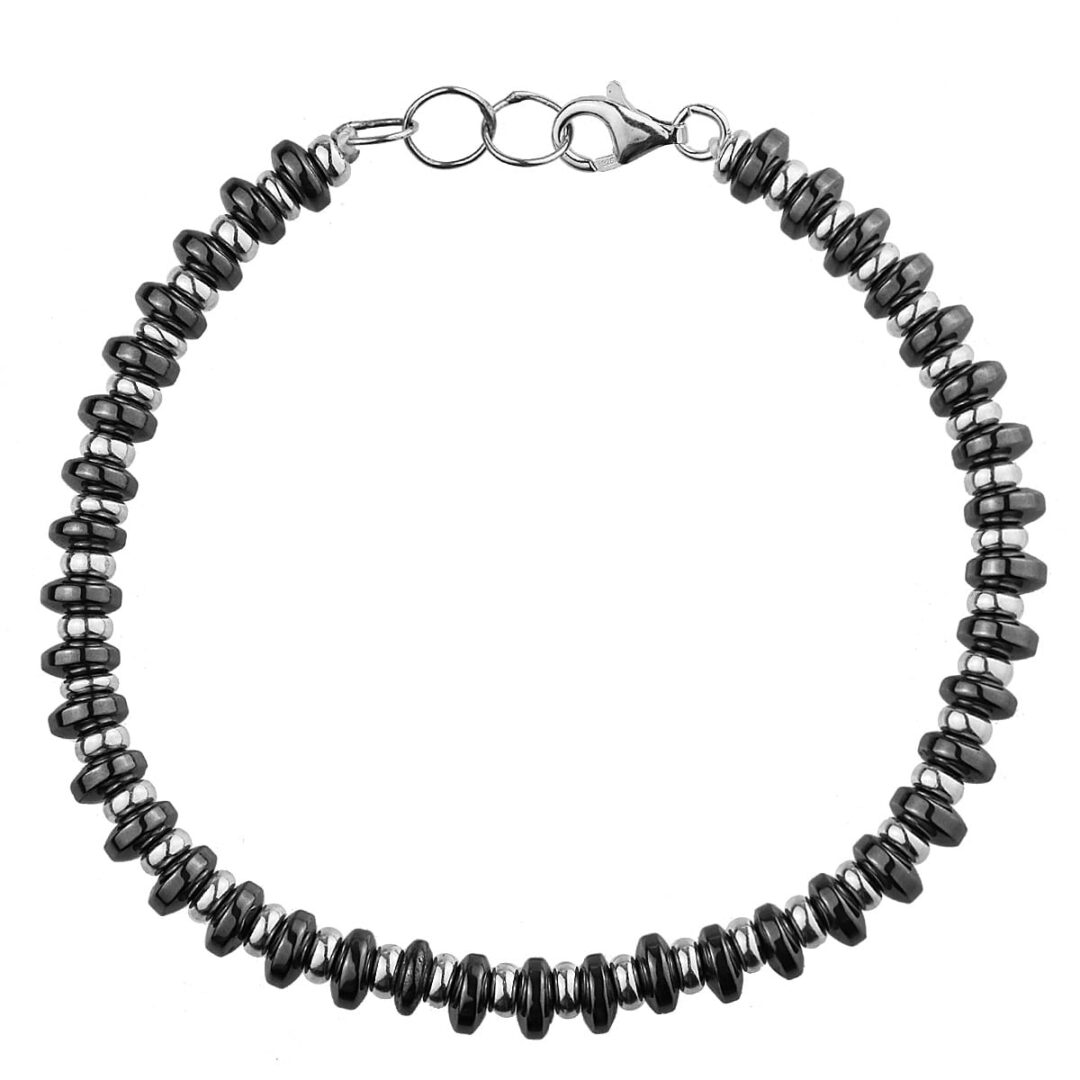 Handmade bracelet with hematite grommets and silver grommets, tied with cord with clasp, with silver hoops extension