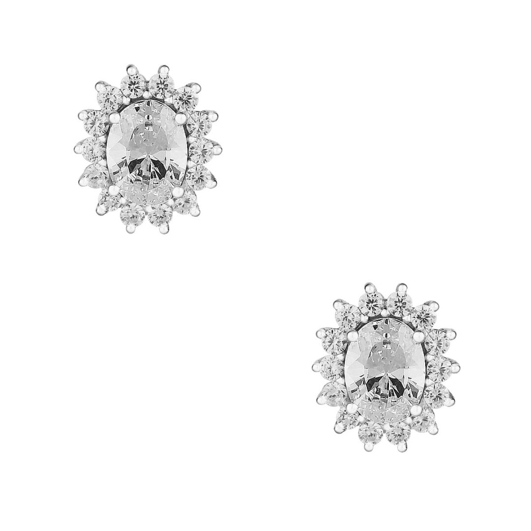Pair of oval Rosetta earrings in white silver 925, with white zircons.