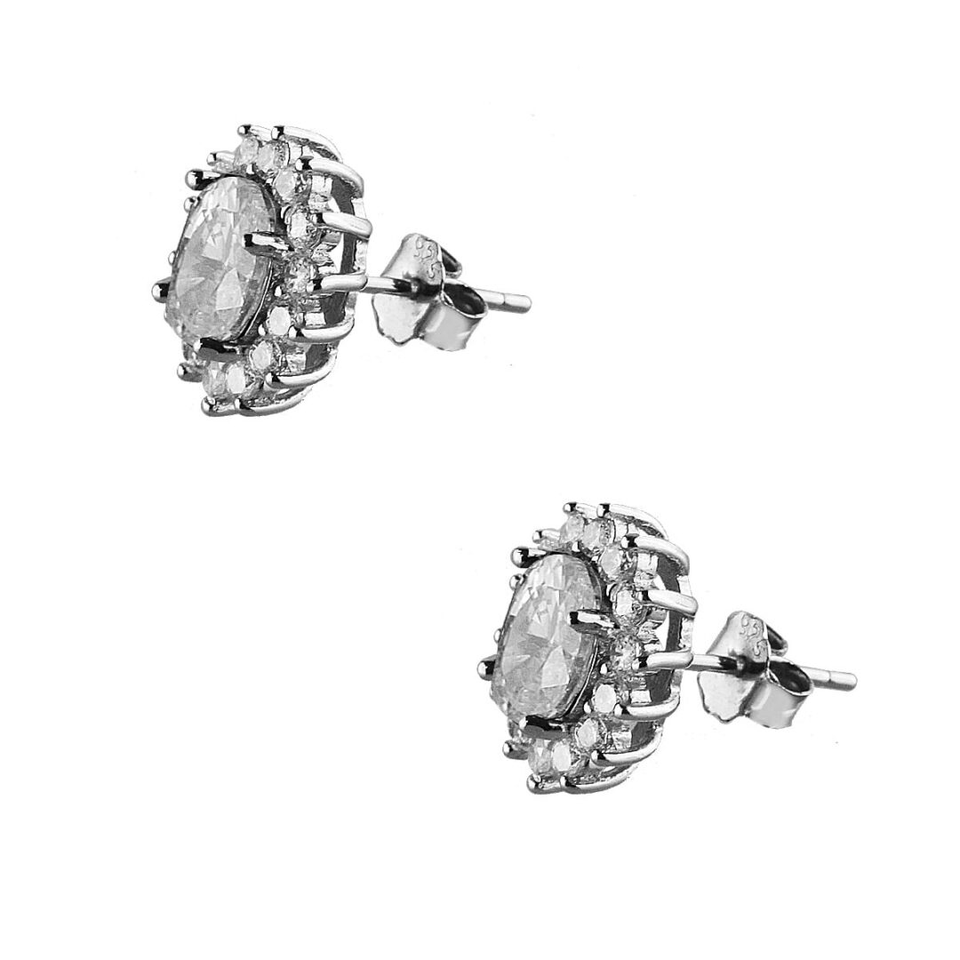 Pair of oval Rosetta earrings in white silver 925, with white zircons.