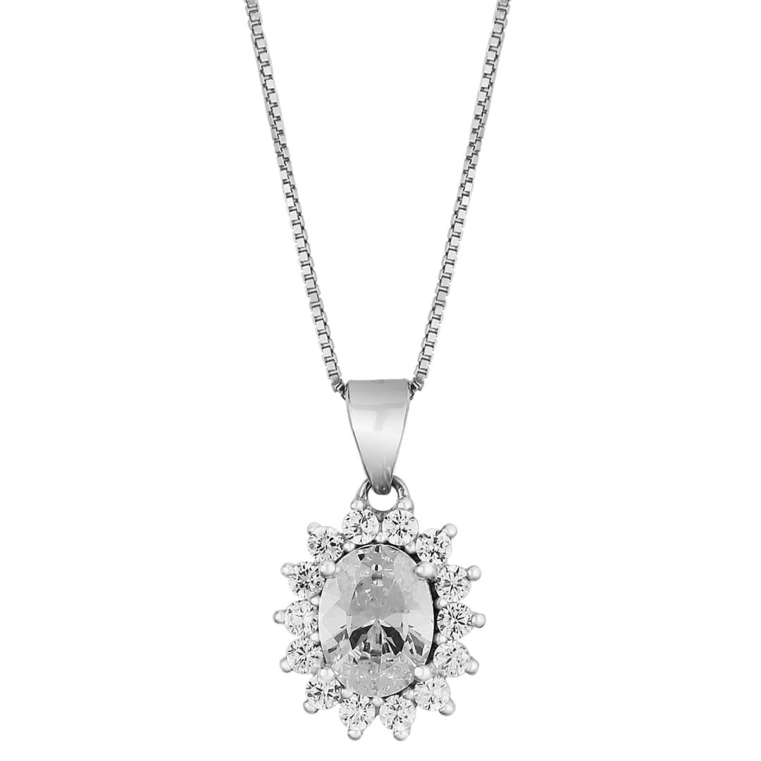 Pendant with oval chain Rosetta in white silver 925, with white zircons.