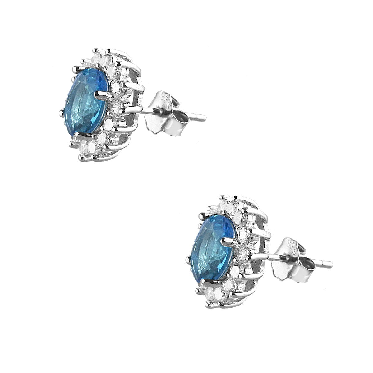 Pair of oval Rosetta earrings in white silver 925, with aquamarine and white zirconia.
