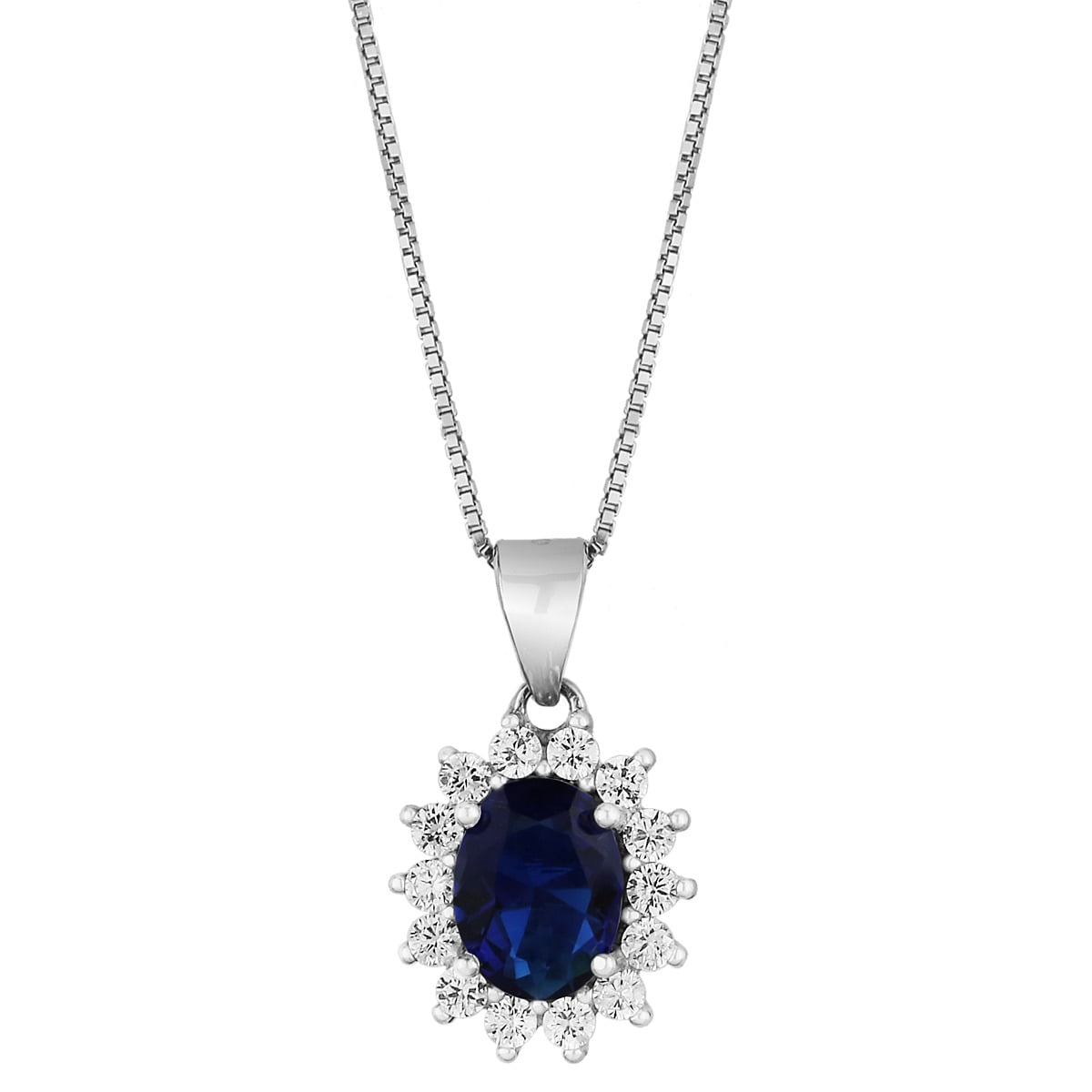 Oval rosette pendant in white sterling silver with chain, with synthetic sapphire and white zircons.
