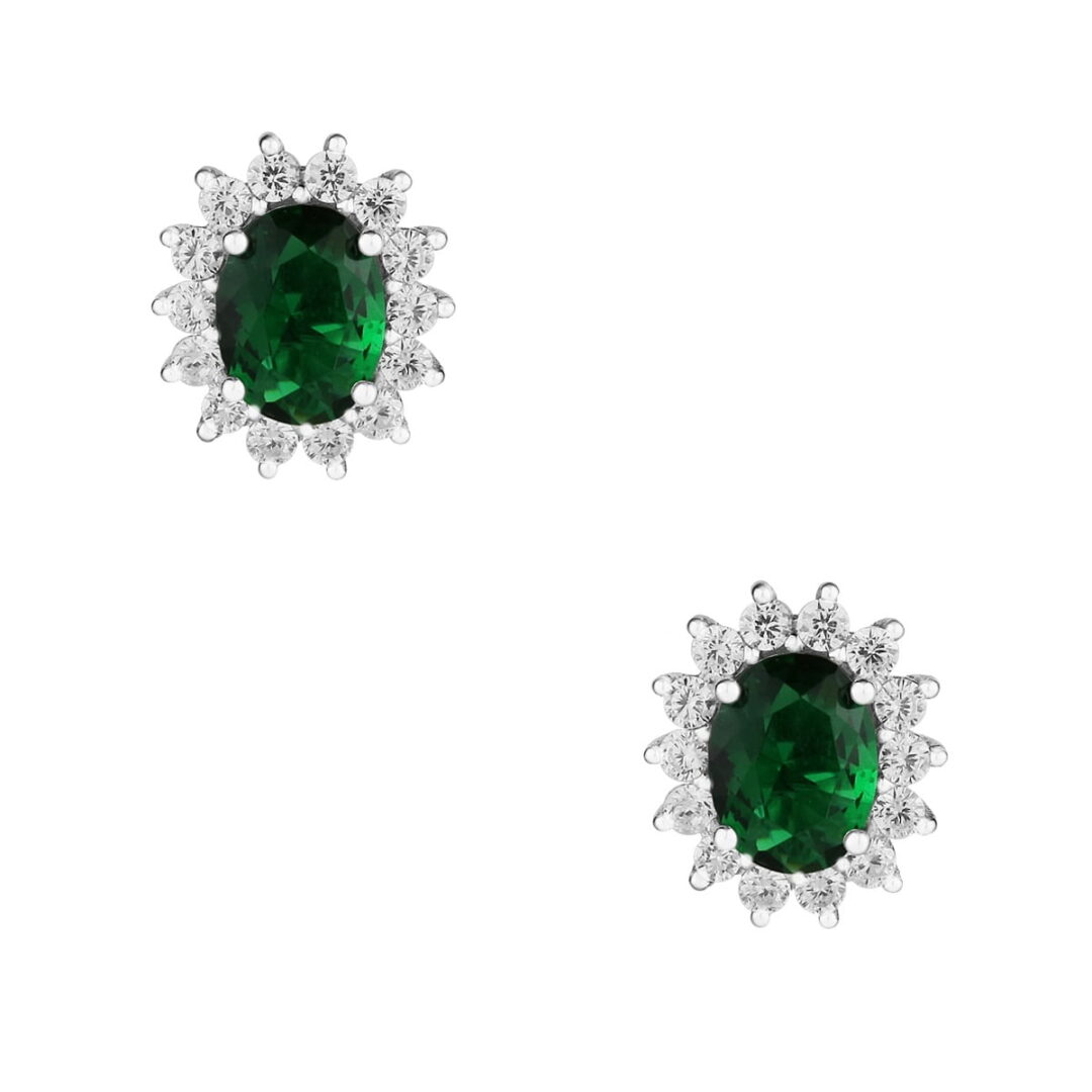 Pair of oval rosette earrings in white silver 925, with synthetic emerald and white zirconia.