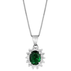 Oval rosette pendant in white sterling silver with chain, with synthetic emerald and white zircons.