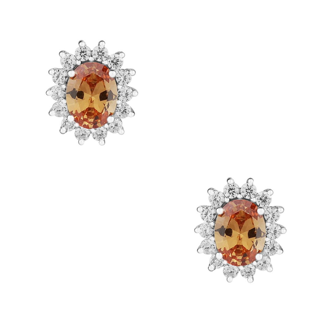 Pair of oval Rosetta earrings in white silver 925, with synthetic citrine and white zirconia.
