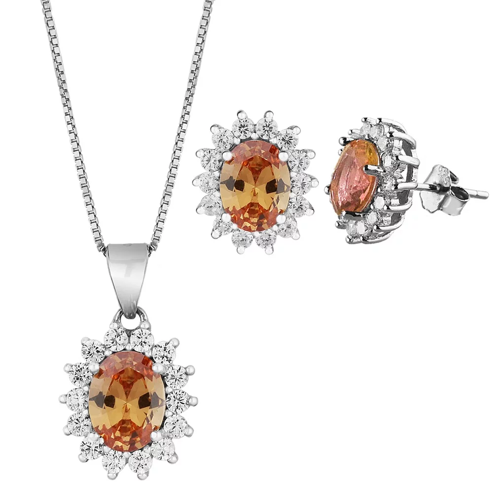 Pair of earrings and pendant with oval rosette chain in white sterling silver, with synthetic citrine and white zirconia.