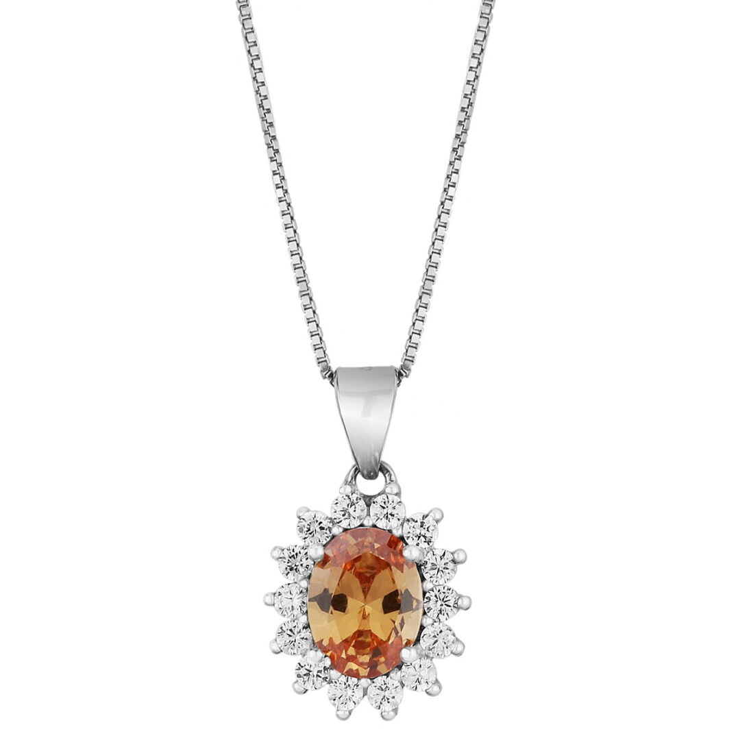Oval rosette pendant in white sterling silver with chain, with synthetic citrine and white zircons.