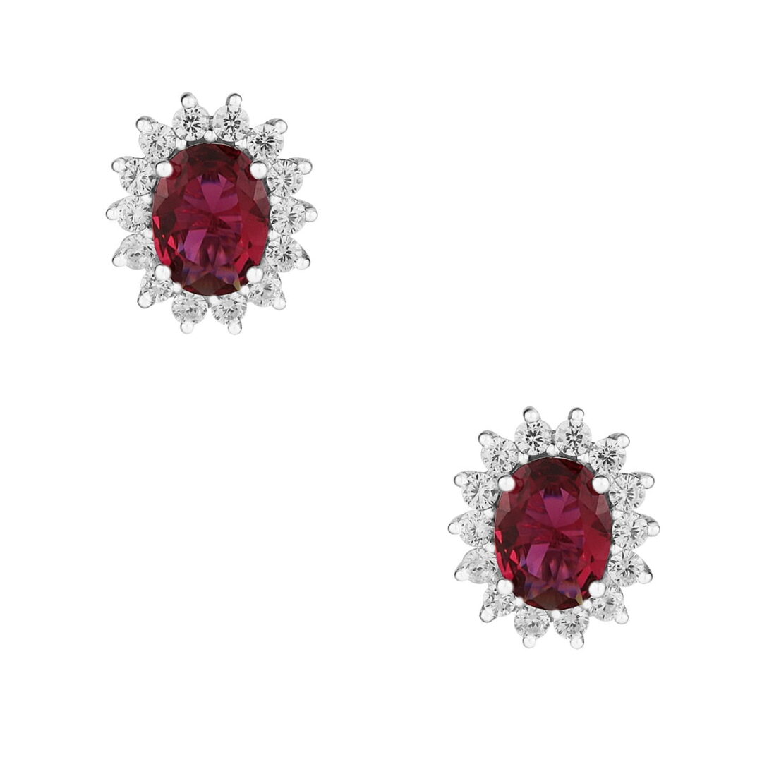 Pair of oval Rosetta earrings in white silver 925, with synthetic ruby and white zirconia.