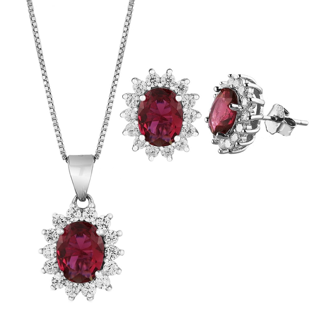 Pair of earrings and pendant with oval rosette chain in white sterling silver, with synthetic ruby and white zirconia.