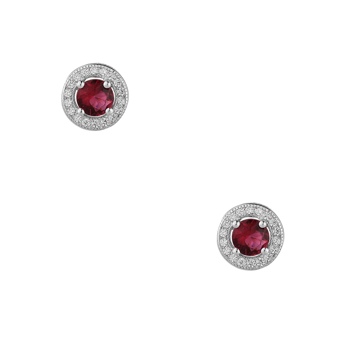 Round rosette earrings in white silver 925, with synthetic ruby and white zirconia.