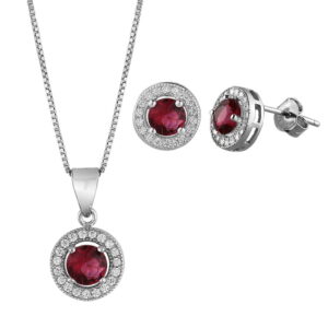 Pair of earrings and pendant with round rosette chain in white silver 925, with synthetic ruby and white zirconia.