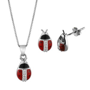 Pendant and pair of ladybug earrings made of silver 925 painted with enamel and white zircons.
