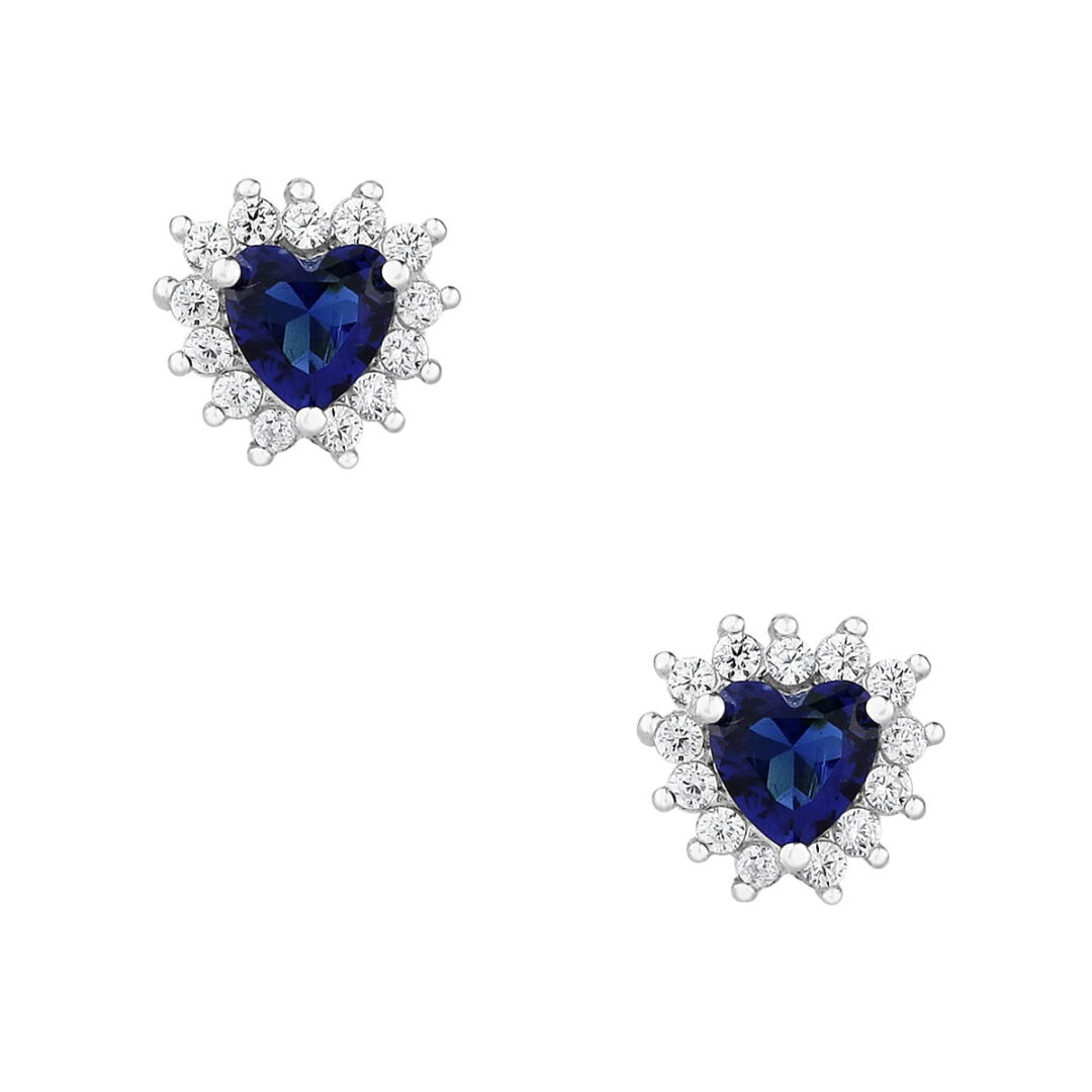 Rosette hearts earrings in white silver 925, with synthetic sapphire and white zirconia.
