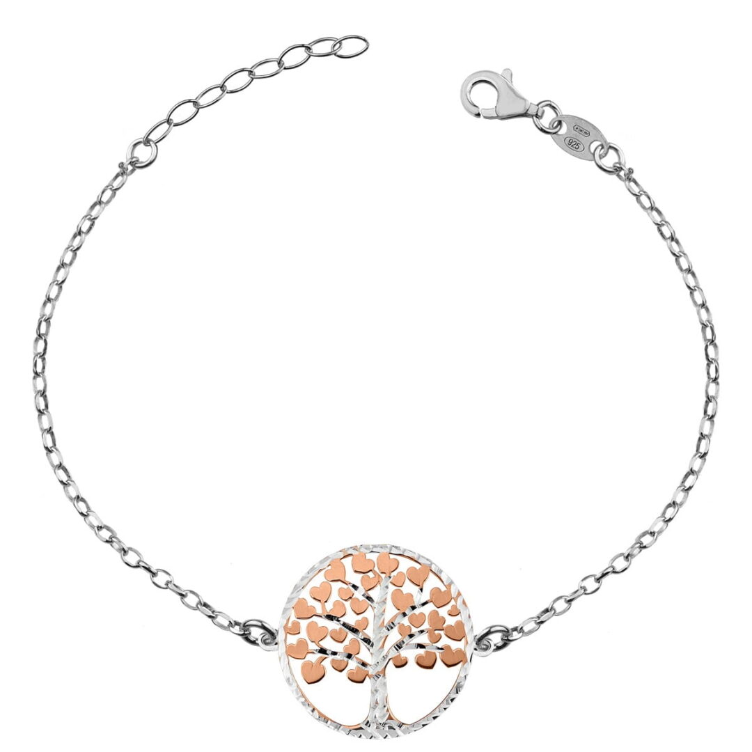 Tree of Life bracelet in sterling silver, with pink gold plated hearts, double sided.