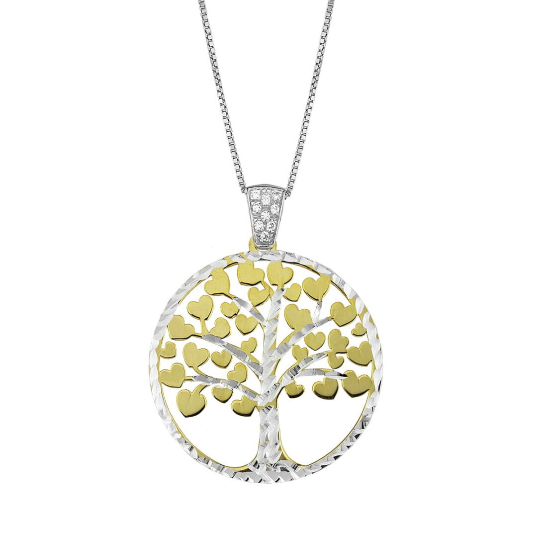 Tree of Life in sterling silver, double sided, gold plated with hearts and white zirconia hoop. Silver chain included.