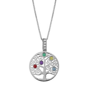 Κολιέ Δέντρο της ζωής σε λευκό ασήμι 925 με χρωματιστό βιτρό, κρίκο με λευκά ζιρκόνια και ασημένια αλυσίδα.