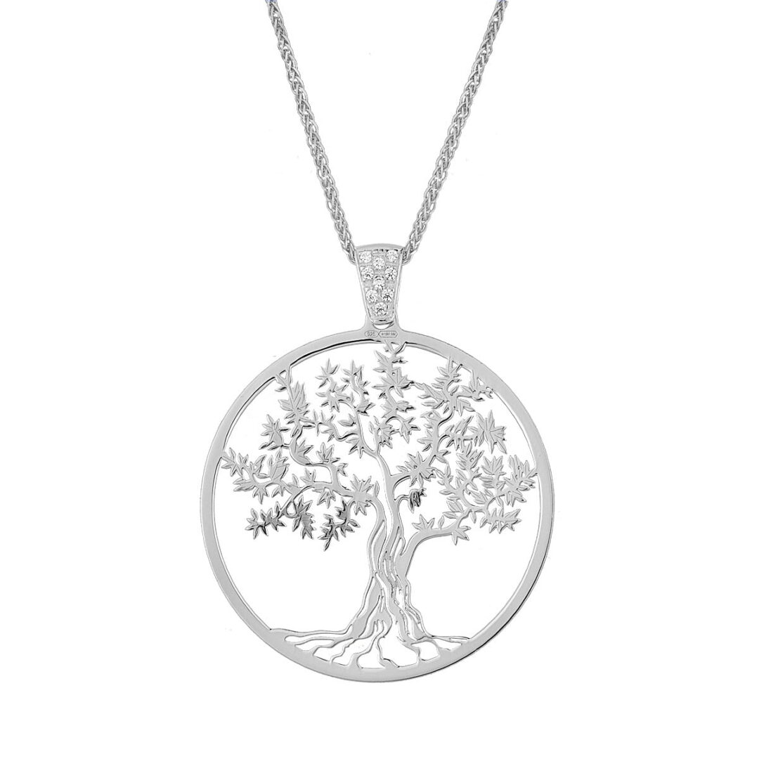 Tree of life in white silver 925, white zirconia hoop and silver chain.