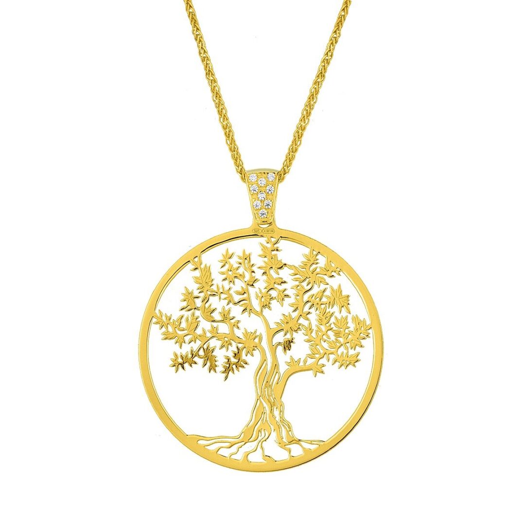 Tree of life in gold plated sterling silver, white zirconia hoop and gold plated silver chain.