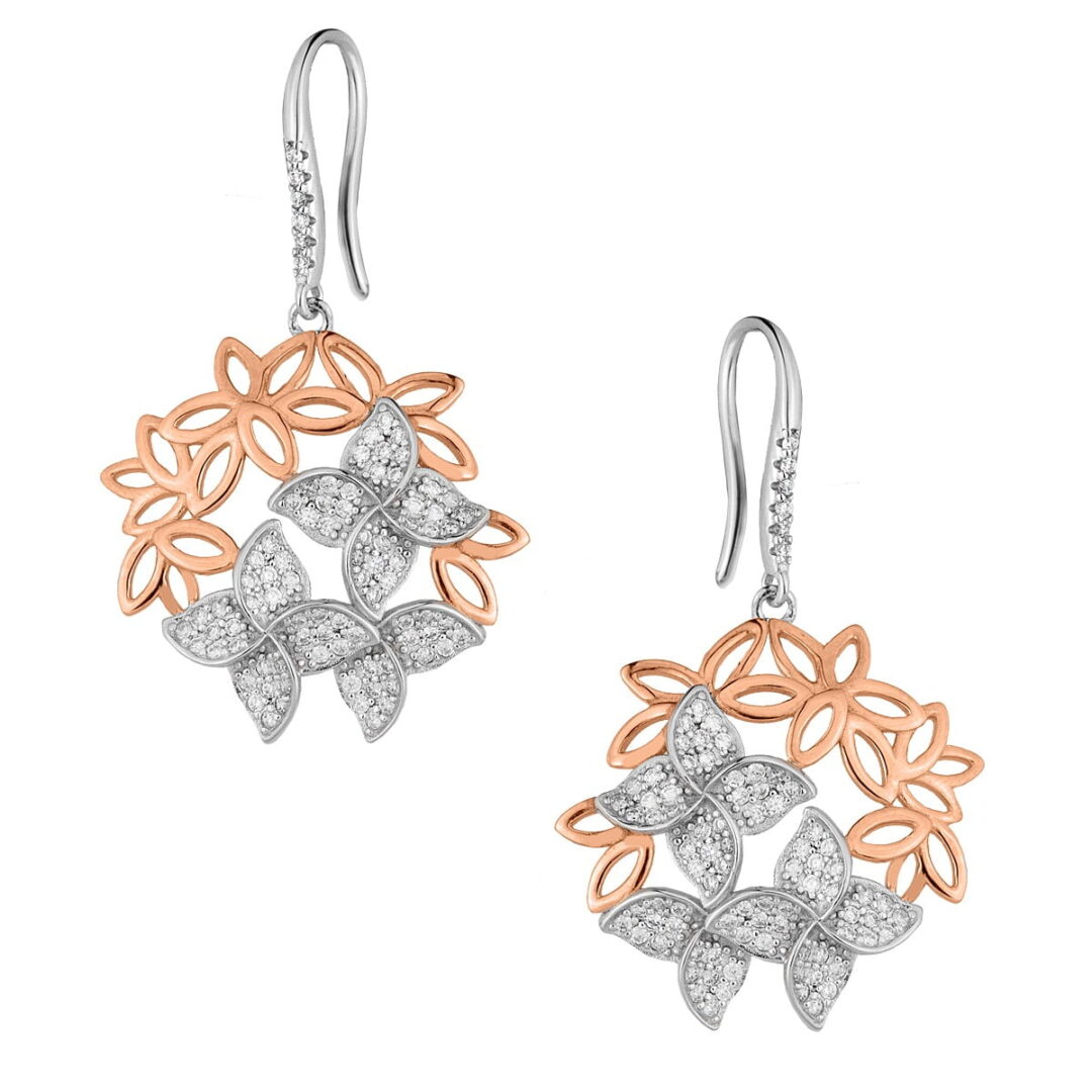Earrings "Fioritura" in white and pink silver 925, with open hook.  Decorated with white zirconia leaves and pink gold leaf.