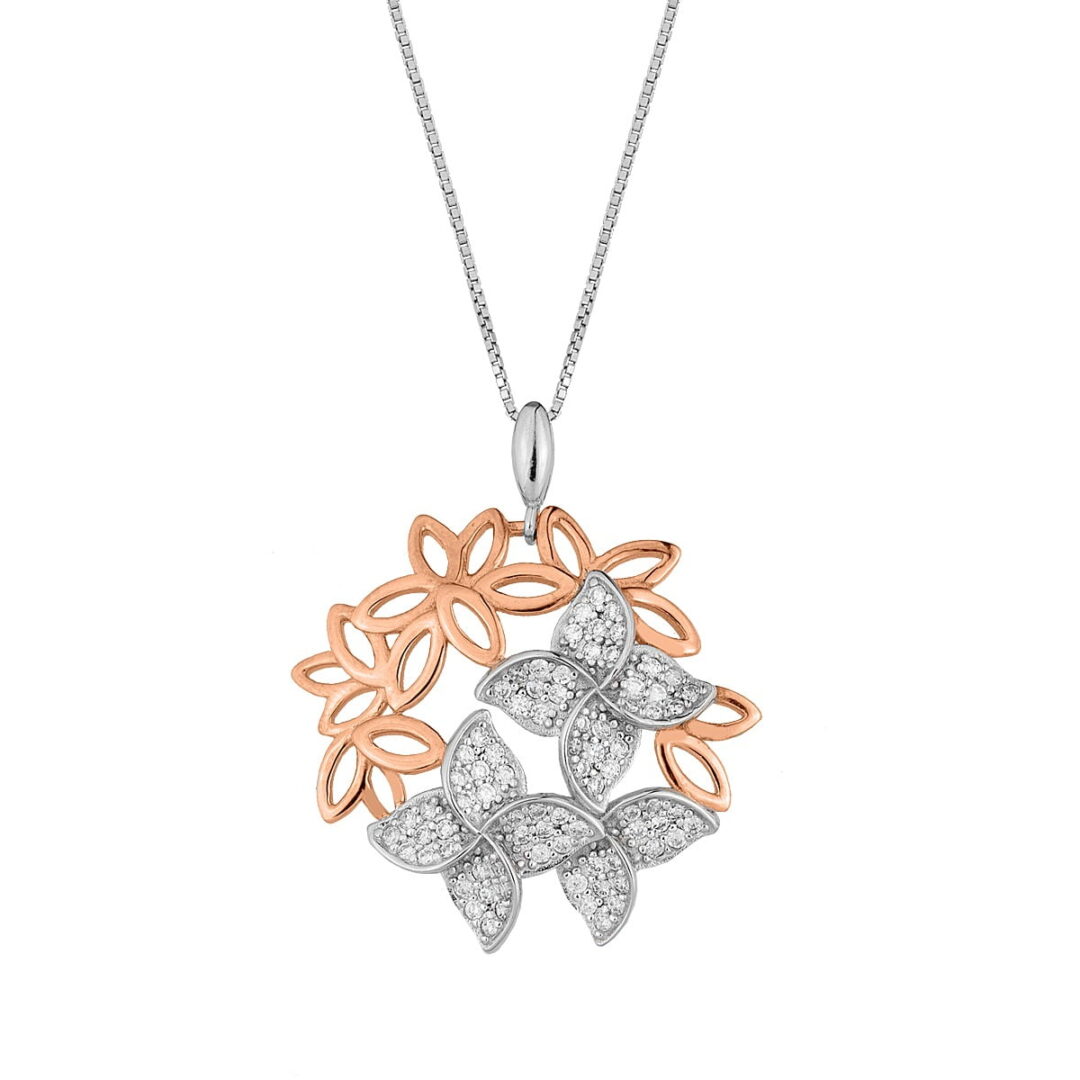 Pendant "Fioritura" in white and pink sterling silver, with leaves decorated with white zircons and pink gold plating. Accompanied by a silver 925 chain.