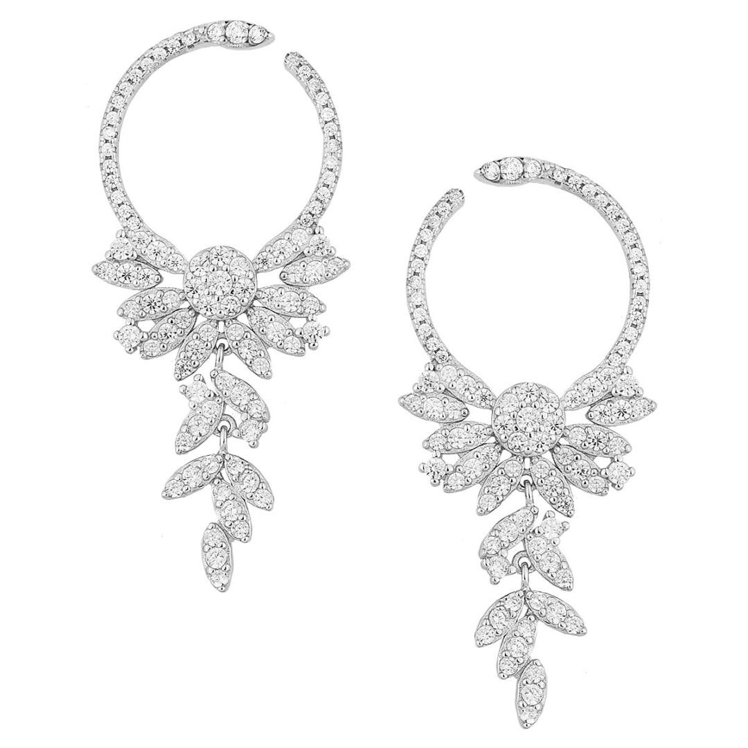 Earrings "Edem" in white silver 925, with leaves decorated with white zircons in ivy shape with a pin clasp.