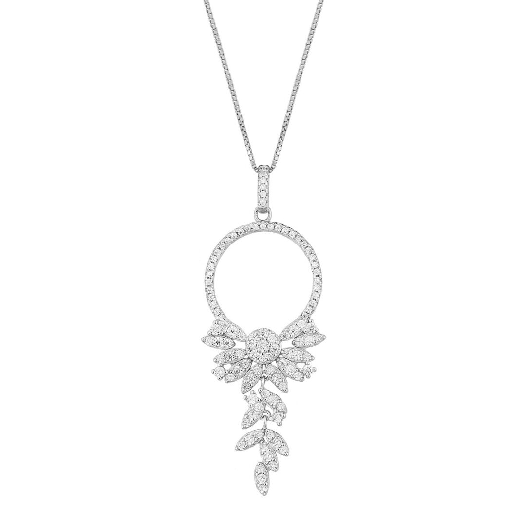 Pendant "Edem" in white silver 925, with leaves decorated with white zircons in ivy shape.  It is accompanied by a silver chain 925.