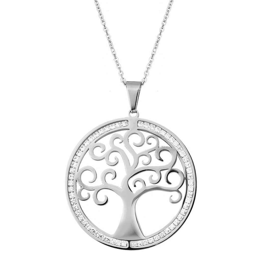 Tree of life steel necklace with white zircons on the outline. Accompanied by the chain in the photo.