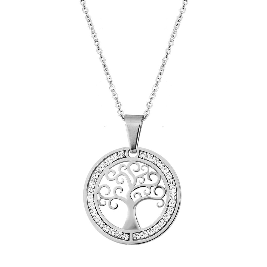 Pendant small steel Tree of Life pendant with white zircons on the outline. Comes with the chain in the photo.