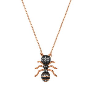 Necklace made of pink gold plated silver 925°, with an ant decorated with white and black zircons.