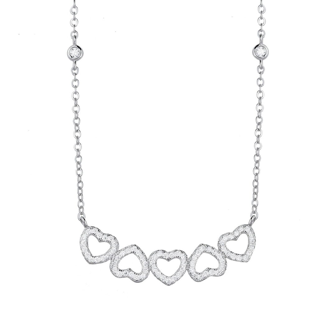 Necklace with five hearts made of platinum plated silver 925°, decorated with white zircons.