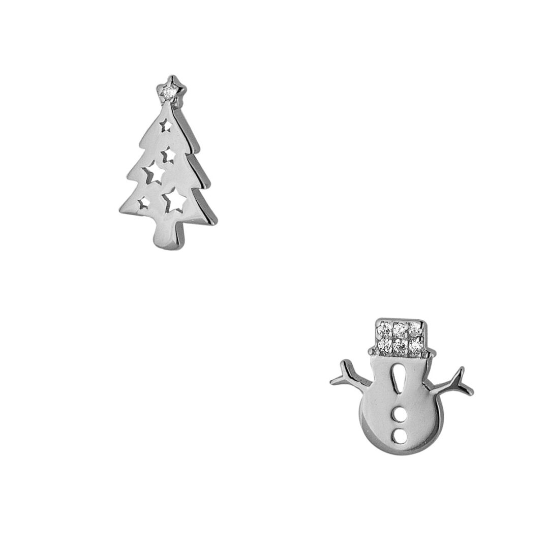 Christmas tree and snowman earrings in silver 925°, decorated with white zircons.
