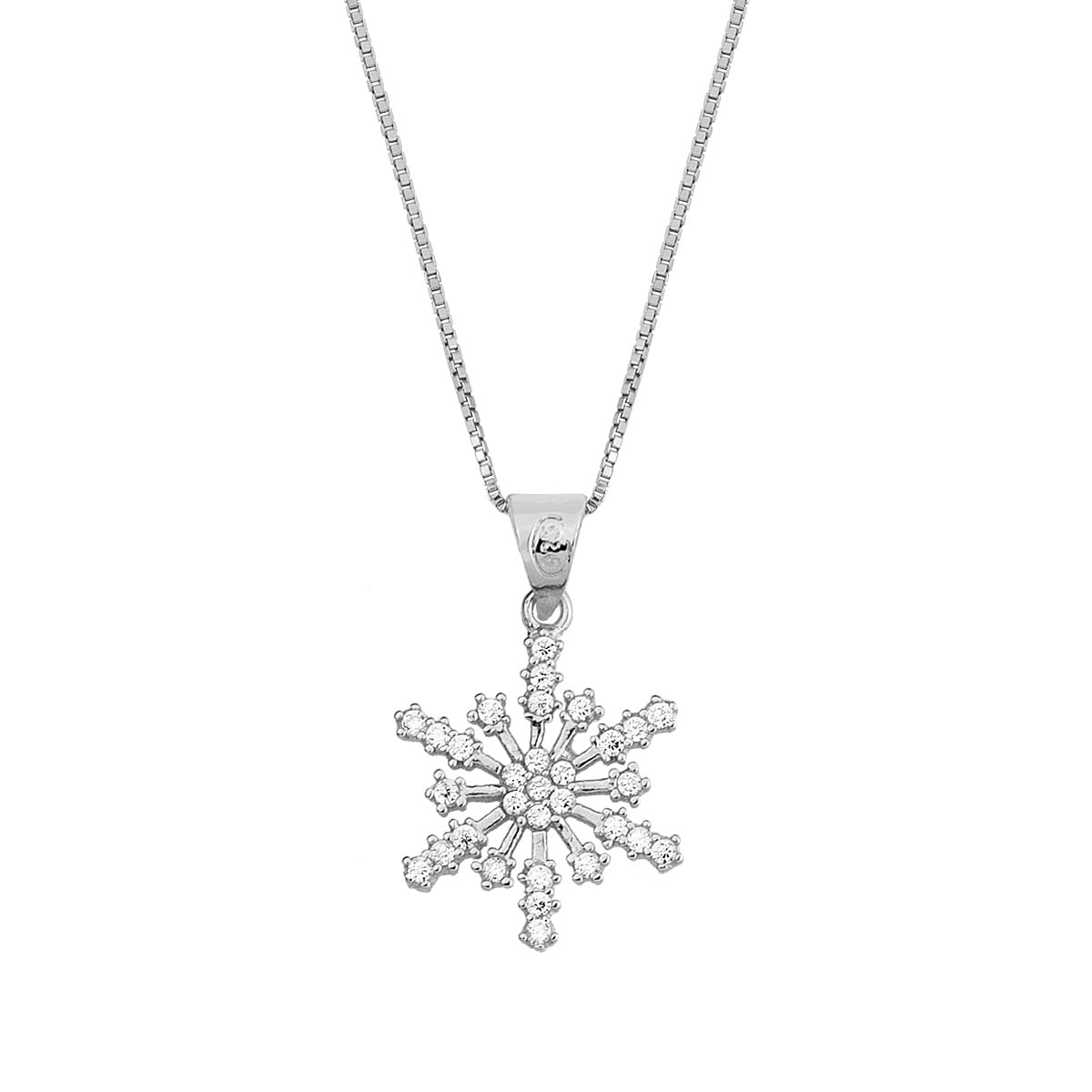 Snowflake pendant in silver 925°, decorated with white zircons. Accompanied by a silver chain 925°.