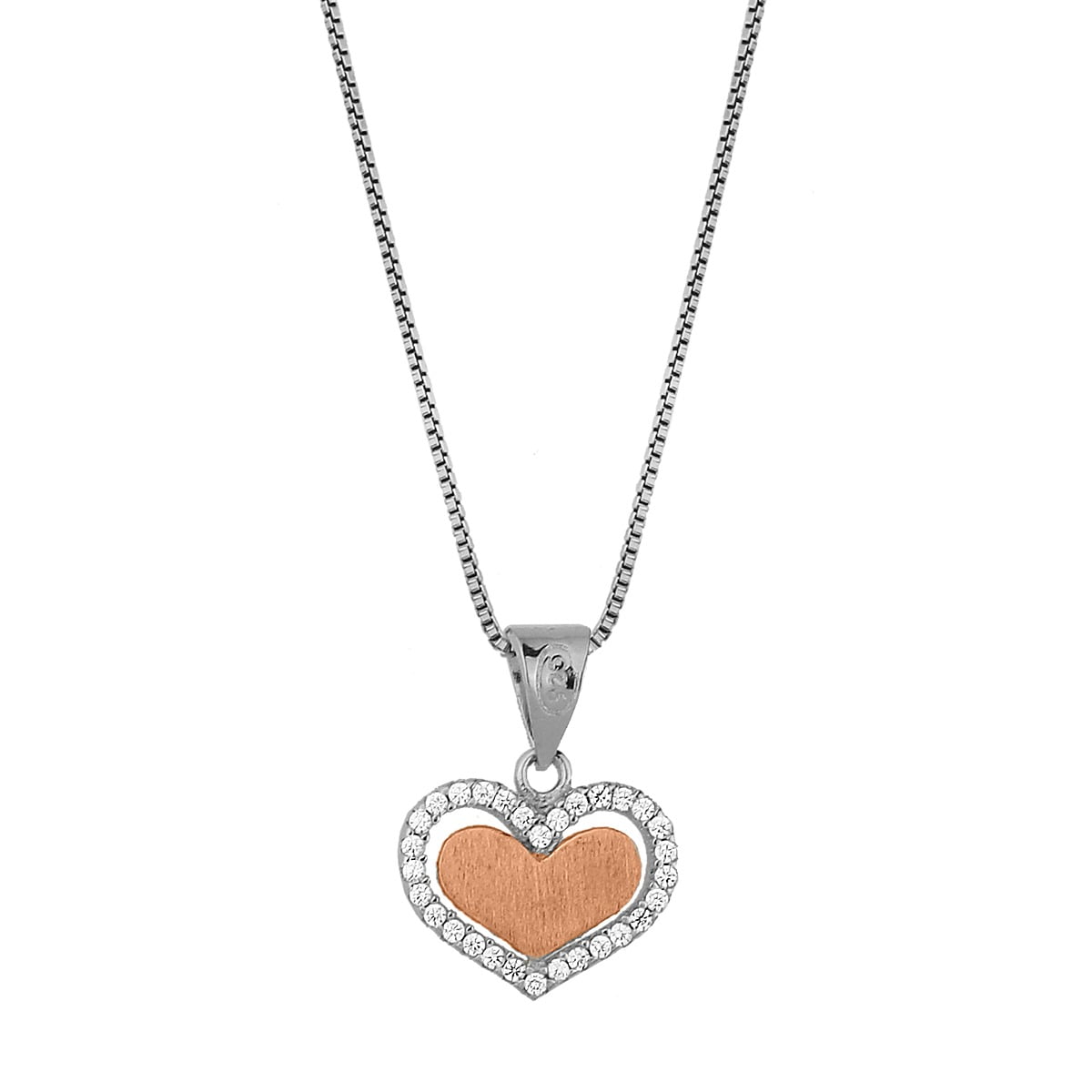 Necklace with a pink gold plated heart with a matt surface in silver 925°, decorated with white zircons. Accompanied by a silver chain.