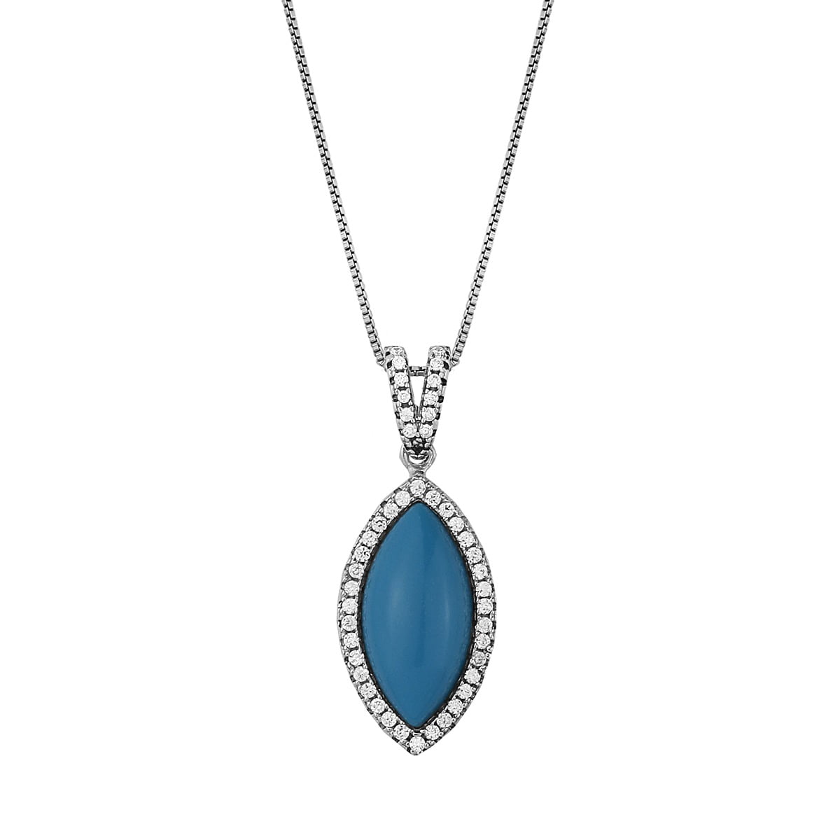 Rosette pendant in marquise shape in sterling silver 925°, with turquoise stone decorated with white zircons.