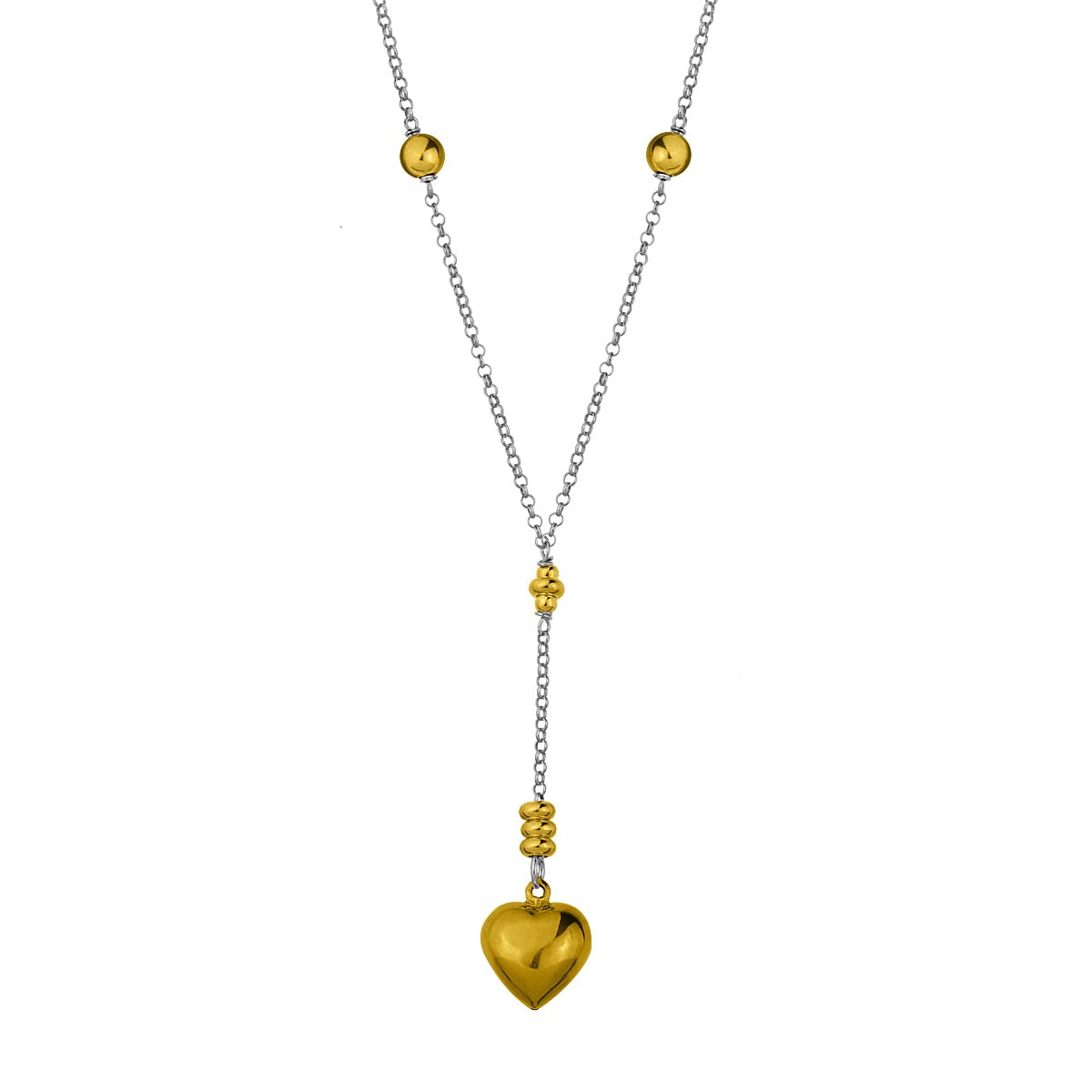 Necklace with a silver plated heart and decorated with gold plated silver balls and grommets.