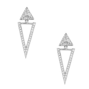 Triangle shaped earrings with a pyramid base made of platinum plated silver 925°, decorated with white zircons with a pin clasp.