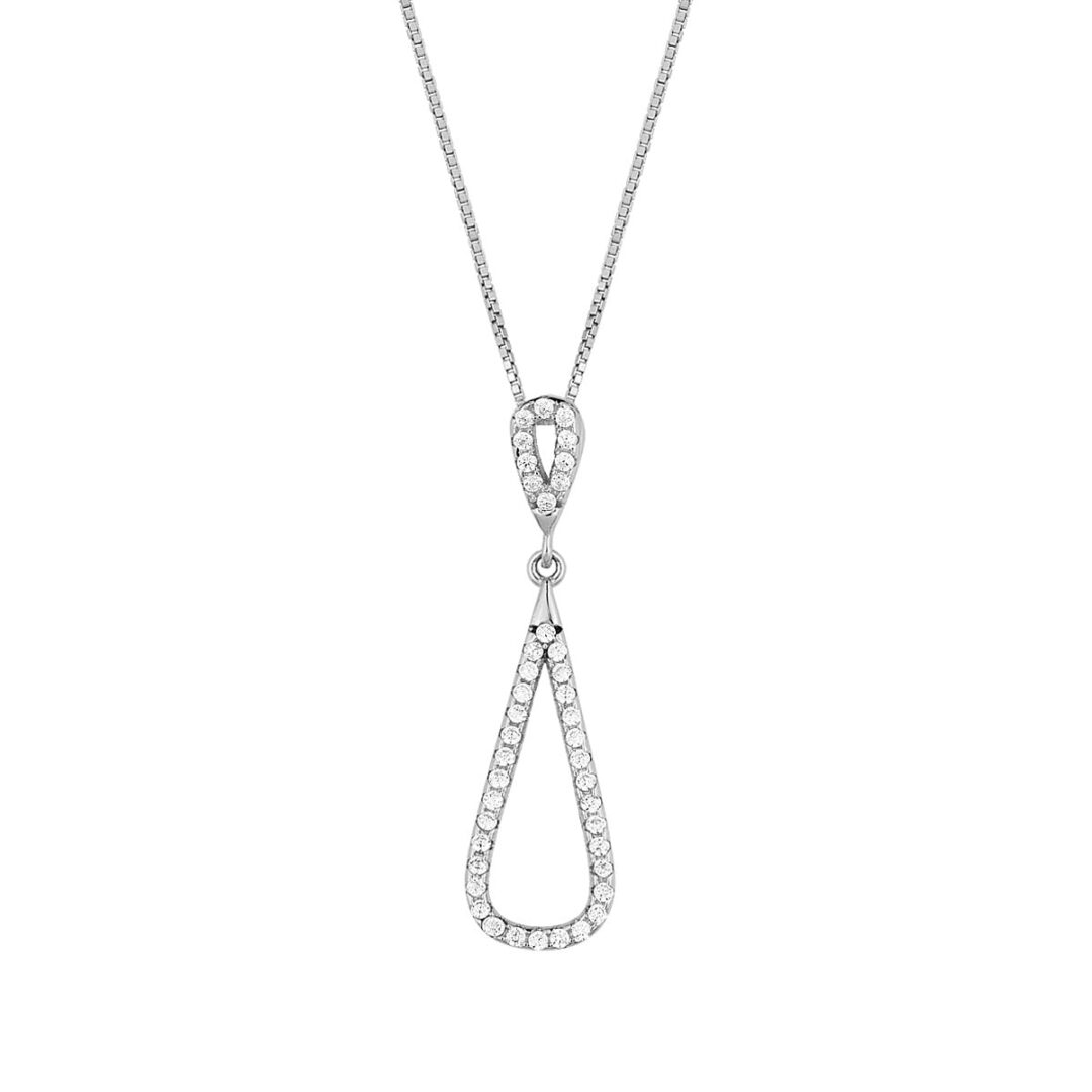 Tear shaped pendant made of white silver 925°, decorated with white zircons. Accompanied by a silver chain 925°.