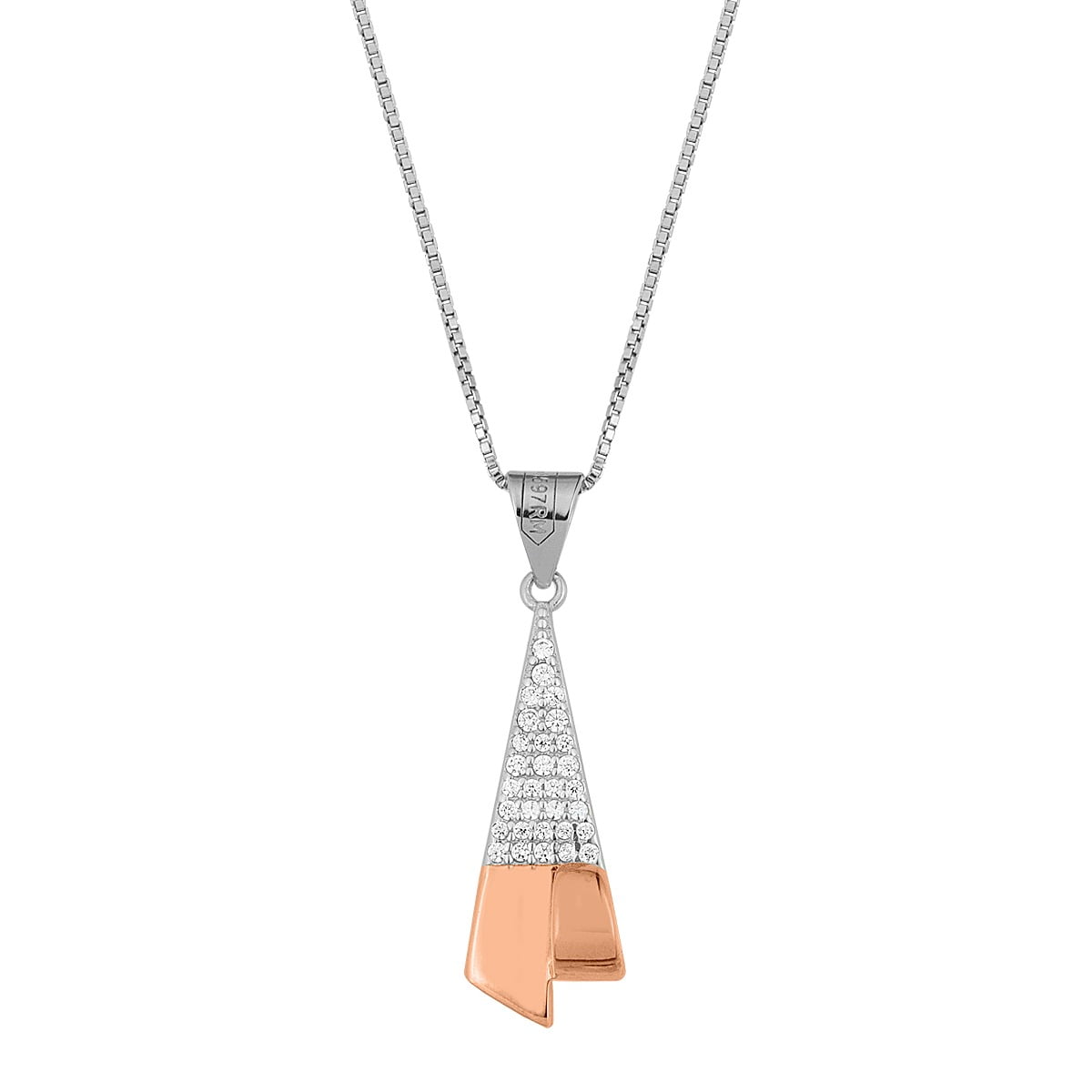 Pendant "Ribbon" tie, in sterling silver 925°, with white zircons and rose gold plating. Accompanied by a 925° silver chain.