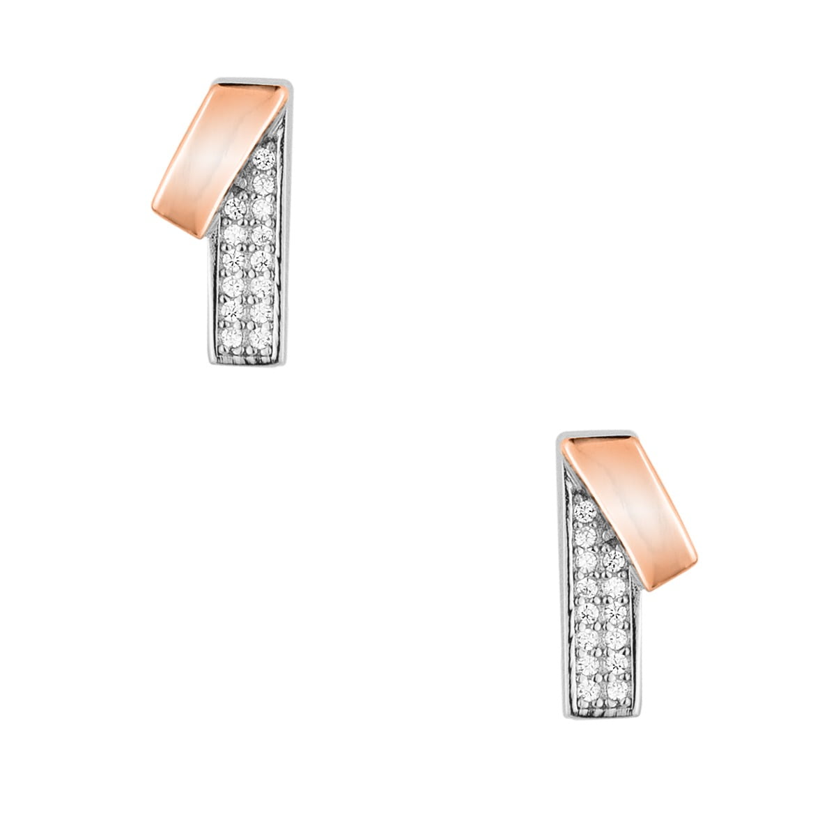 "Ribbon" parallelogram earrings, in silver 925º, with white zircons and pink gold plating.