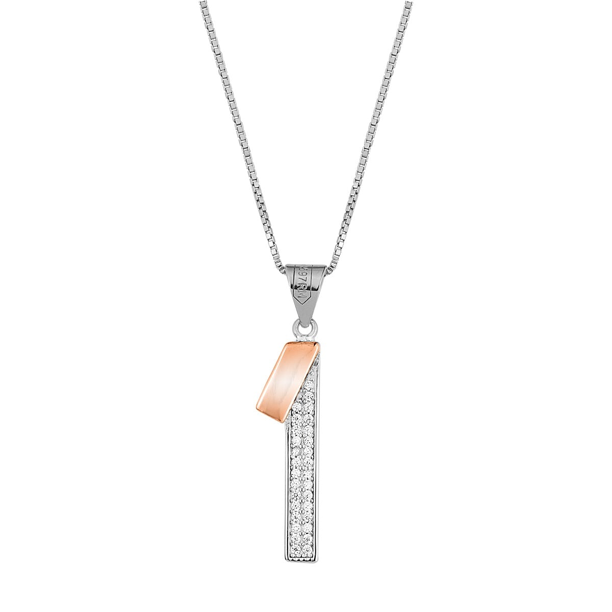 Pendant "Ribbon" parallelogram, in sterling silver 925°, with white zircons and rose gold plating. Accompanied by a 925° silver chain.