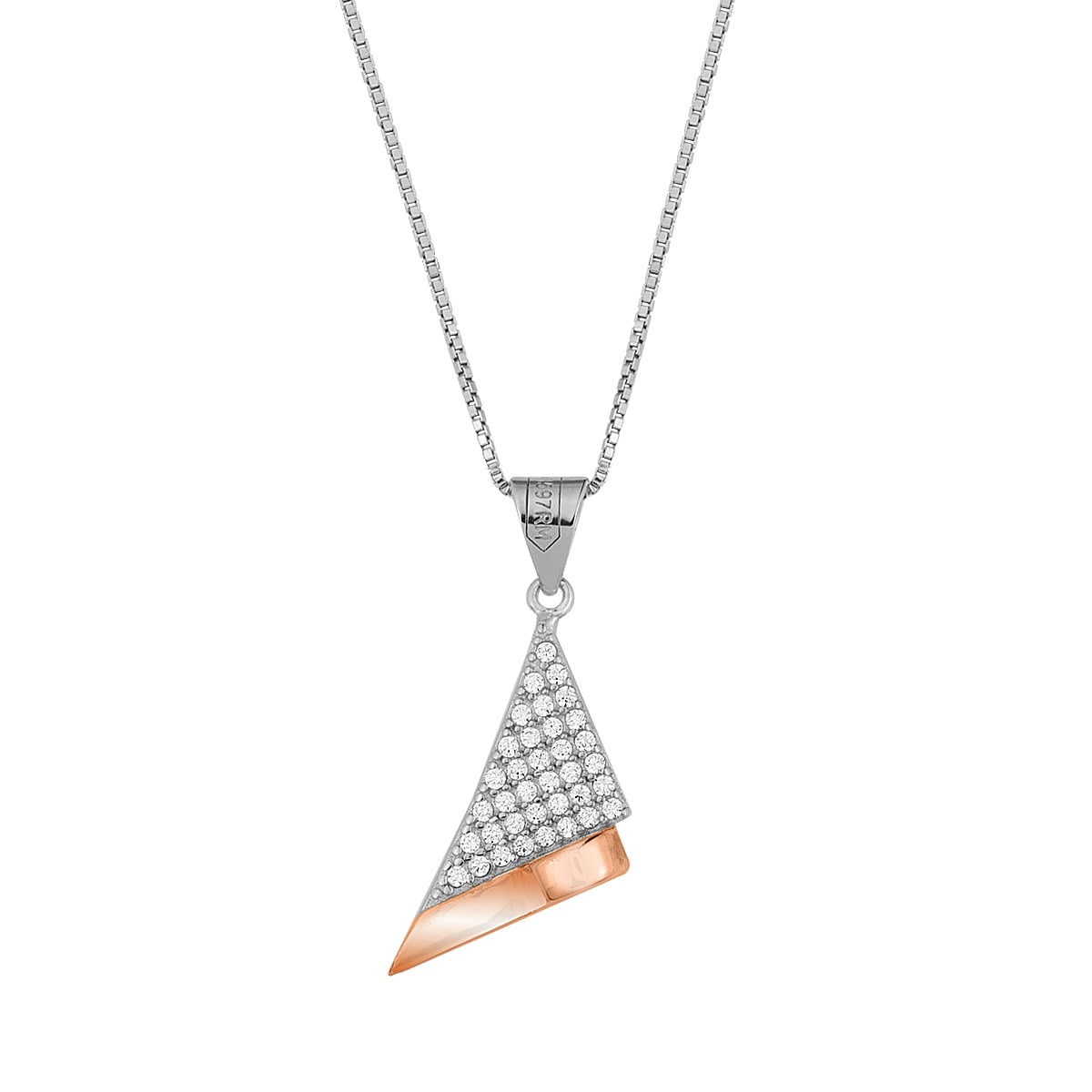 Pendant "Ribbon" triangle, in sterling silver 925°, with white zircons and rose gold plating. Accompanied by a 925° silver chain.