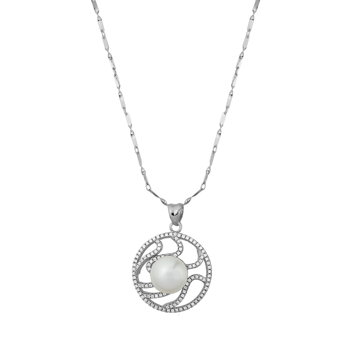Round base decorated with zircons and big pearl in silver 925°. Accompanied by a silver chain 925°.