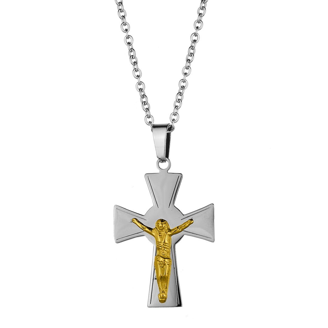Steel cross with gold plated silver cross with steel chain.