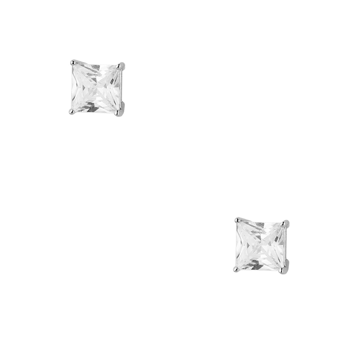Stud earrings with square cubic zirconia of diameter 6 mm, made of platinum plated silver 925°.