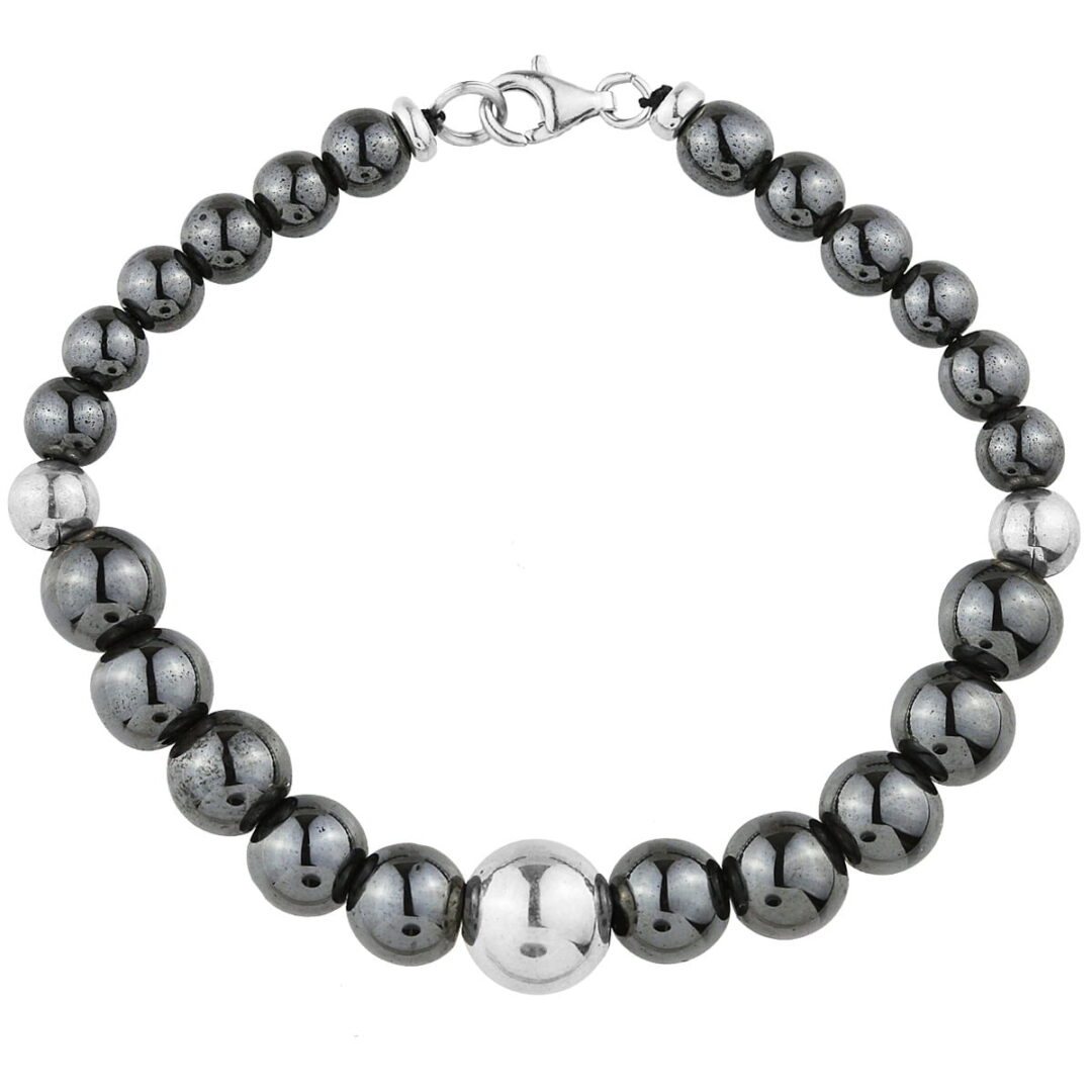 Handmade bracelet with big and small hematite stones and silver marbles 925°, tied with a cord with clasp.
