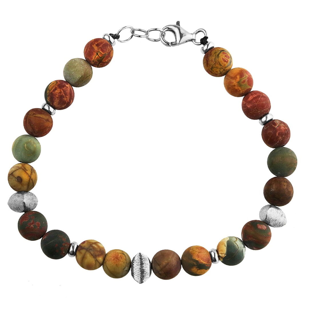 Handmade bracelet with Picasso jasper stone with matte finish, triangles and grommets made of silver 925°, tied with a cord with clasp and silver hoops extension. 