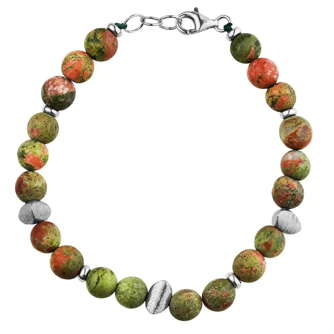 Handmade bracelet with matte finish unakite stone, triangles and grommets made of silver 925°, tied with cord with clasp and silver hoops extension.
