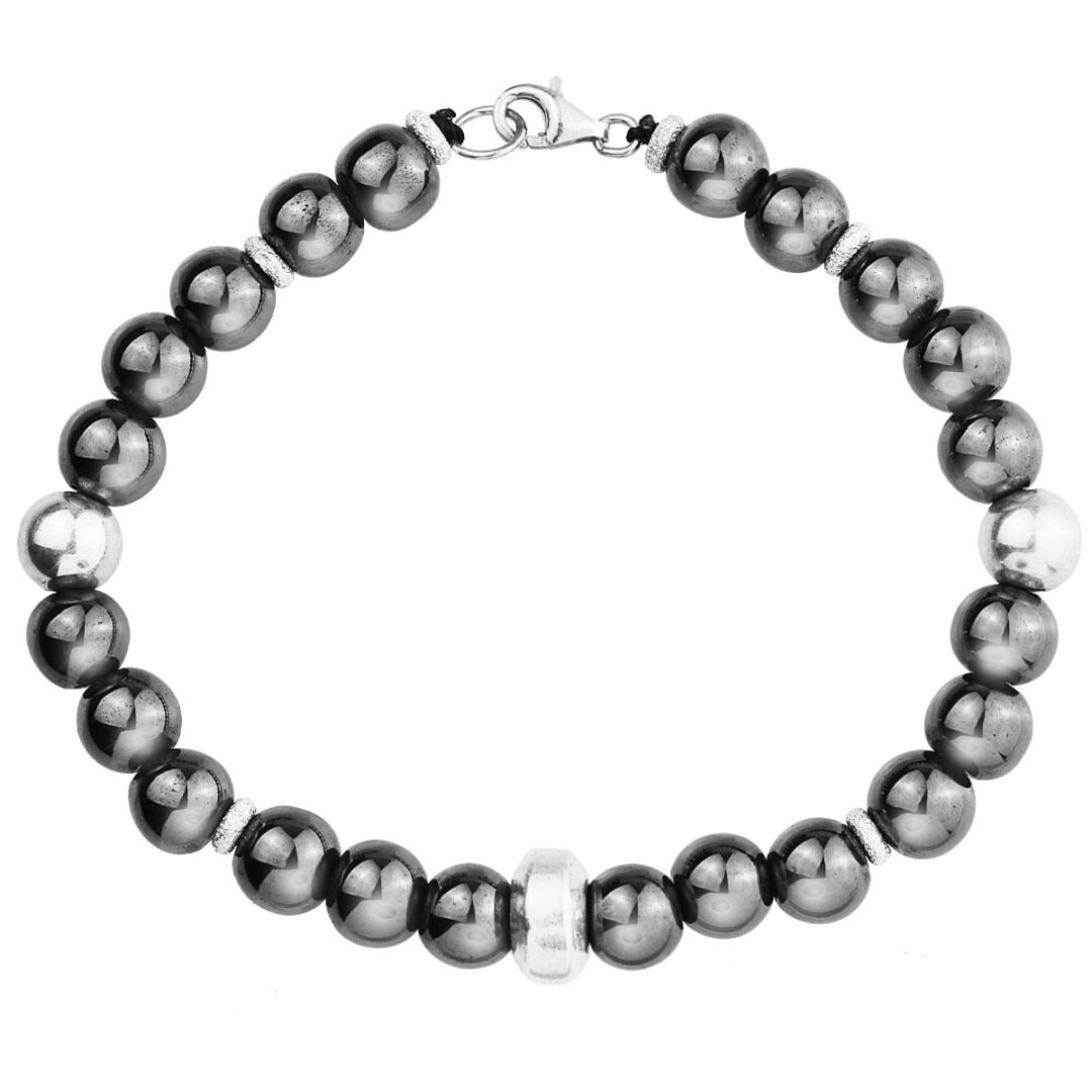 Handmade bracelet with hematite and silver elements, tied with cord with clasp and silver hoops extension. 