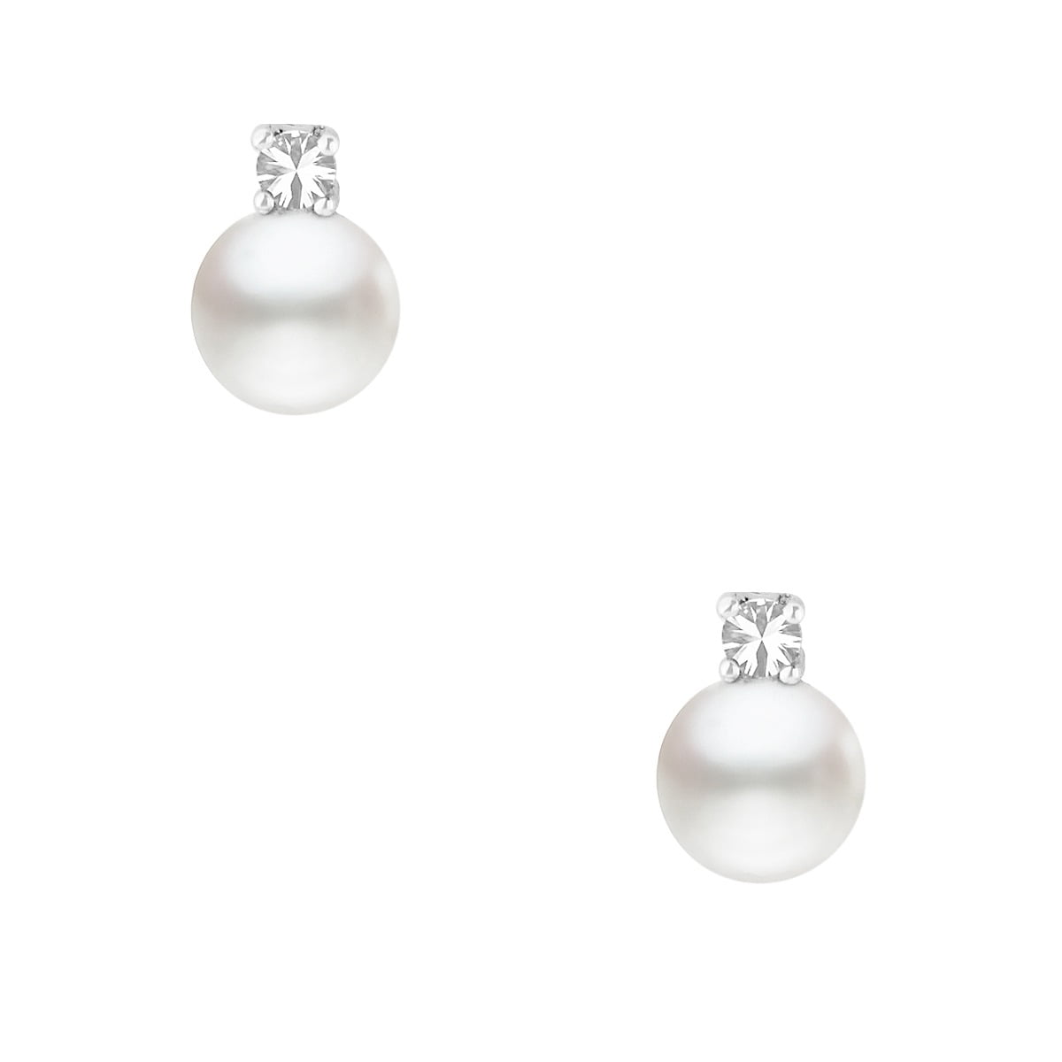 Earrings of silver 925°, with white synthetic pearl 8 mm, with single stone zirconi, with pin clasp.