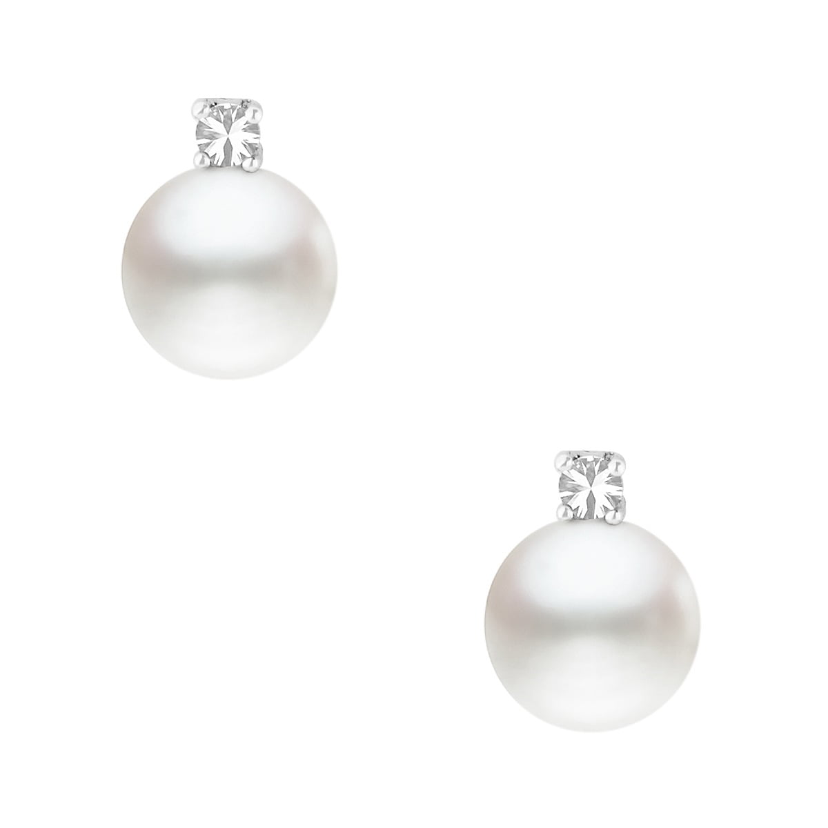 Earrings of silver 925°, with white synthetic pearl 10 mm, with single stone zirconi, with pin clasp.